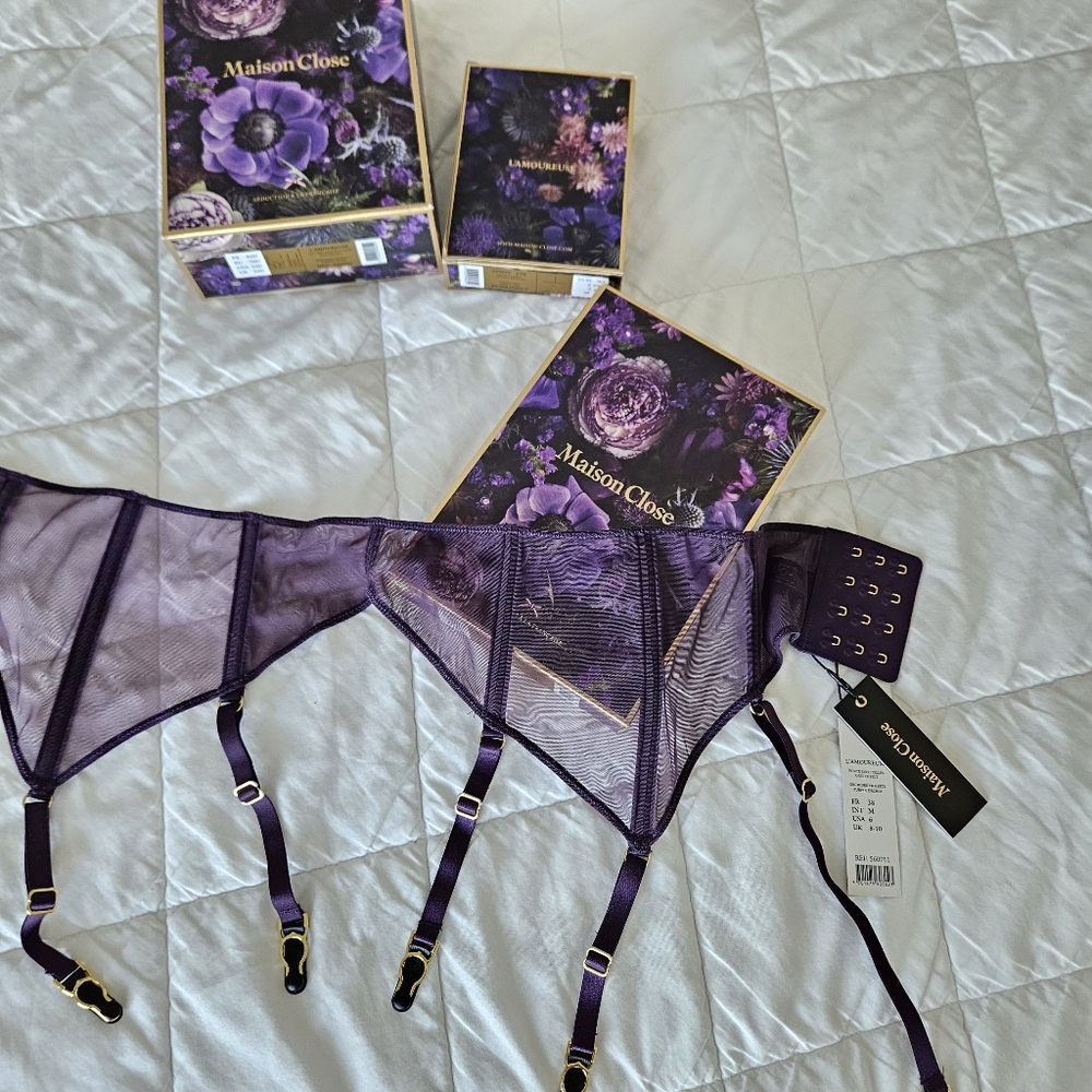 NWT Maison Close L'Amoureuse Lingerie Set Purple - Bustier 32D Garter M Thong L - Picture 6 of 8